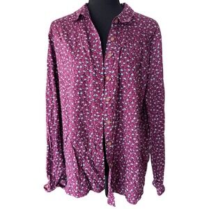 Maeve Anthropologie Ditsy Floral Button Down Shirt Burgundy Purple Size 14